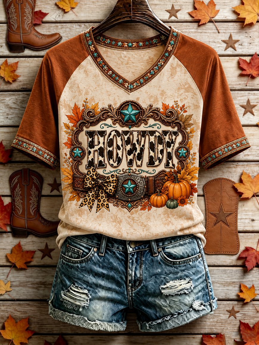 Women's Western Fall Vintage Print T-Shirt