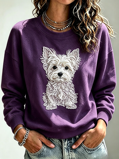 Women'S Embroidered Casual Printed Hoodie With Puppy Embroidery