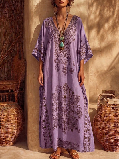 Bohemian Vintage-print Loose Cotton-linen Dress