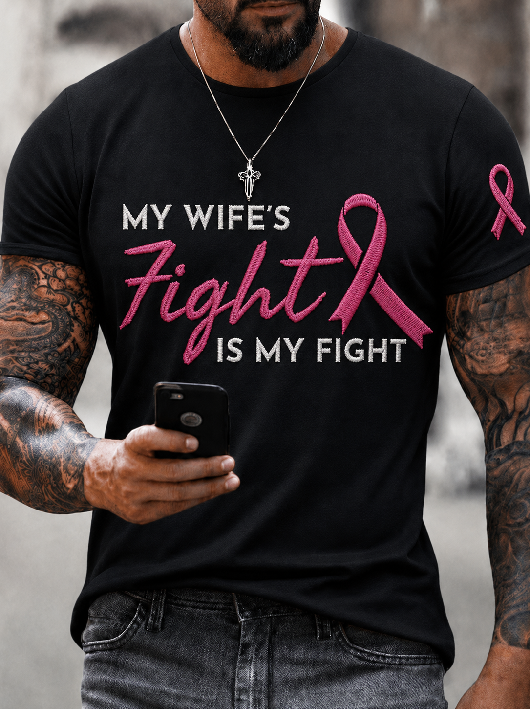 Men's My Wife's Fight Is My Fight Pink Ribbon Breast Cancer Awareness T-Shirt