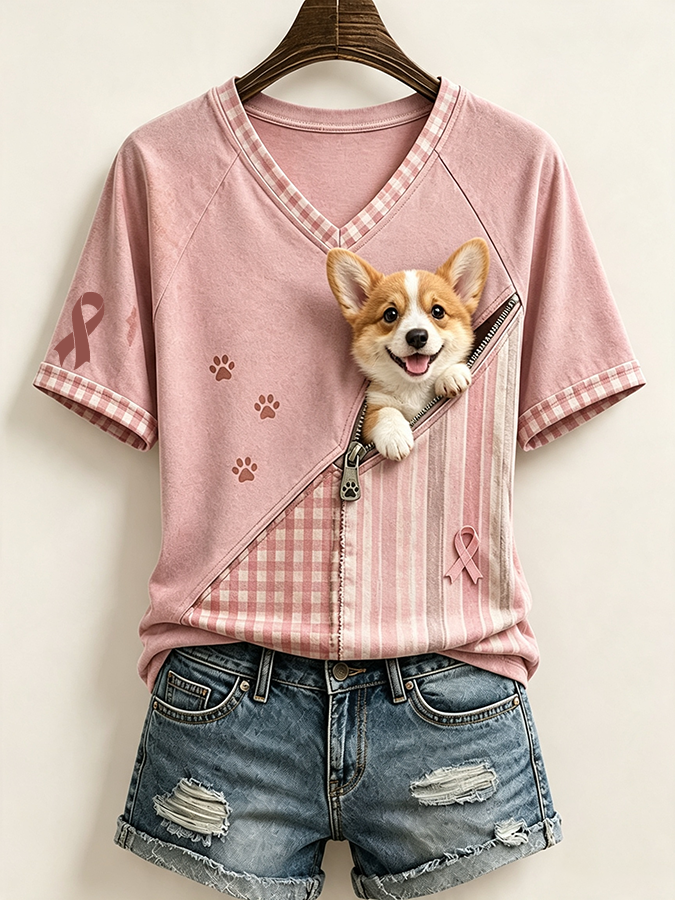 Women'S Cute Dog Pink Ribbon Printed Casual V-Neck T-Shirt