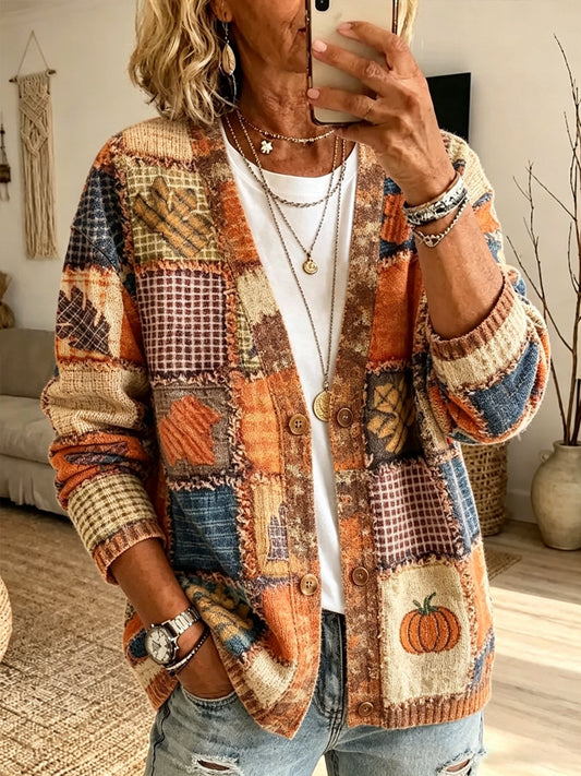 Women's Fall Patchwork Pumpkin Print Cardigan
