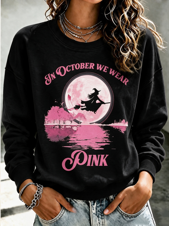 Women'S In October We Wear Pink Printed Round Neck Sports Shirt