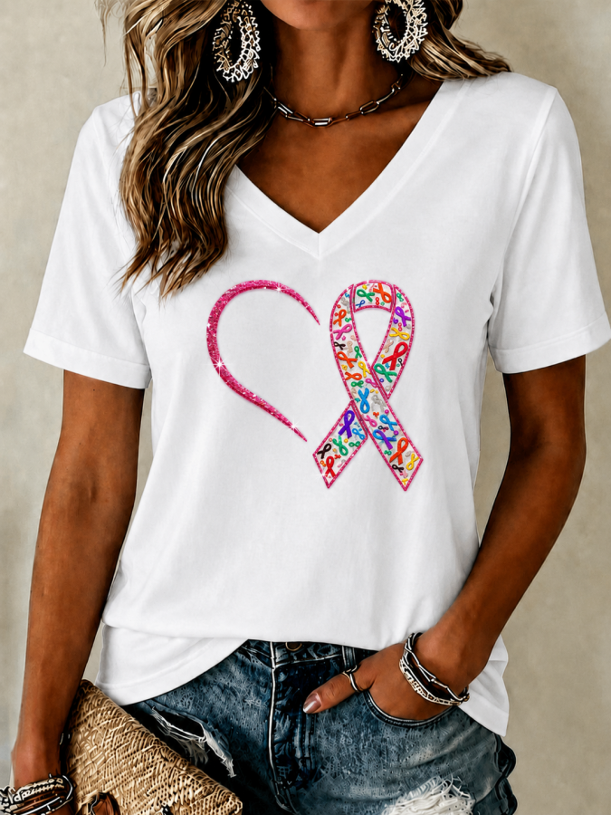 Women'S Cancer Awareness Main Pattern Printed V-Neck T-Shirt