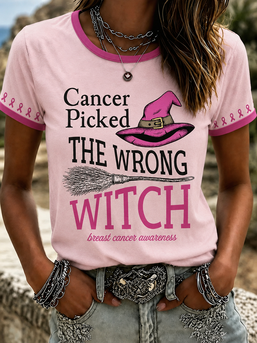 Women's Cancer Picked The Wrong Witch Breast Cancer Awareness Ringer Tee