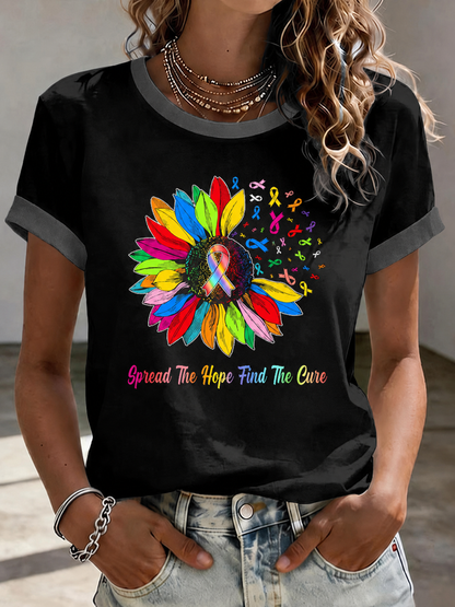 Women's Rainbow Sunflower Multi Cancer Awareness Ribbon Inspirational Quote Contrast Trim Casual T-Shirt