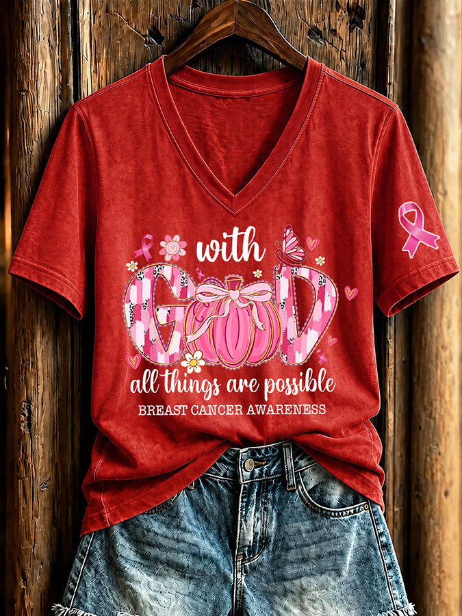 Women'S Breast Cancer Awareness And Ghost Witch Halloween Support Printed T-Shirt