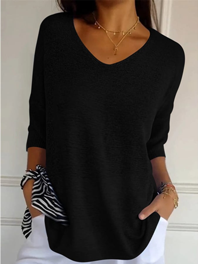Women'S Casual V-Neck Three-Quarter Sleeve Solid Color Knit Sweater