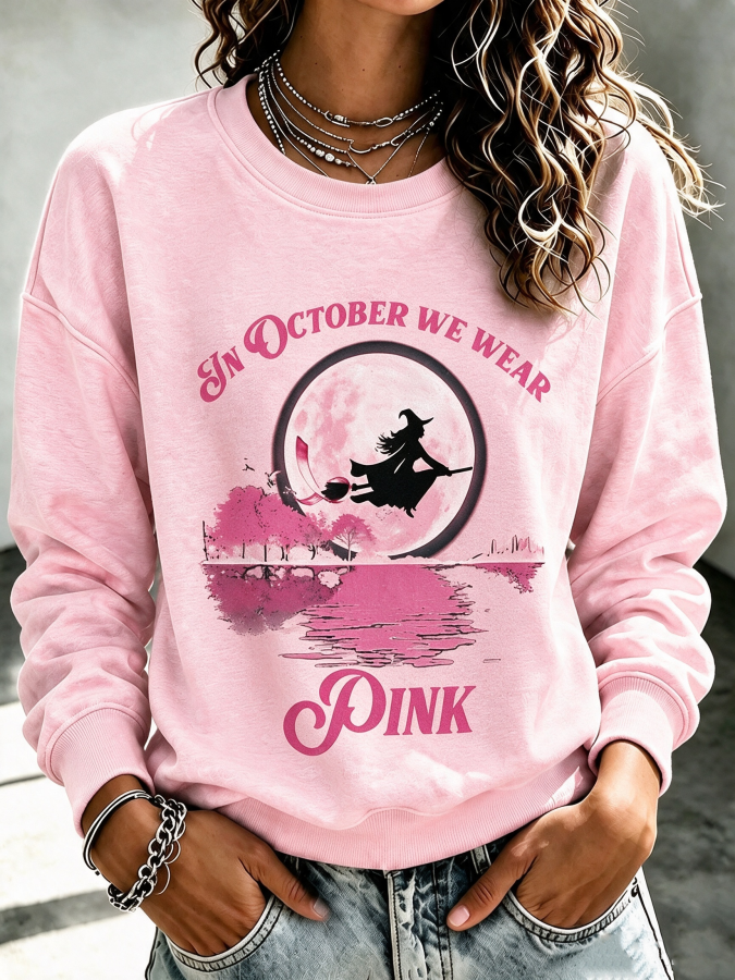 Women'S In October We Wear Pink Printed Round Neck Sports Shirt