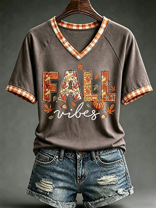 Women's Autumn Pumpkin Fall vibes Print V-Neck T-Shirt