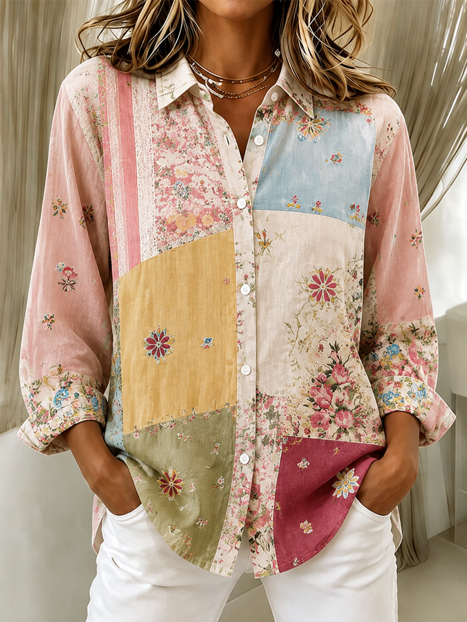 Women's Splicing Floral Casual Print Lapel Long Sleeve Shirt