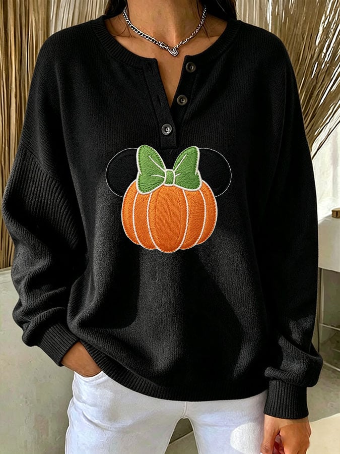Women's Casual Print Button-Up Collar Knit Top