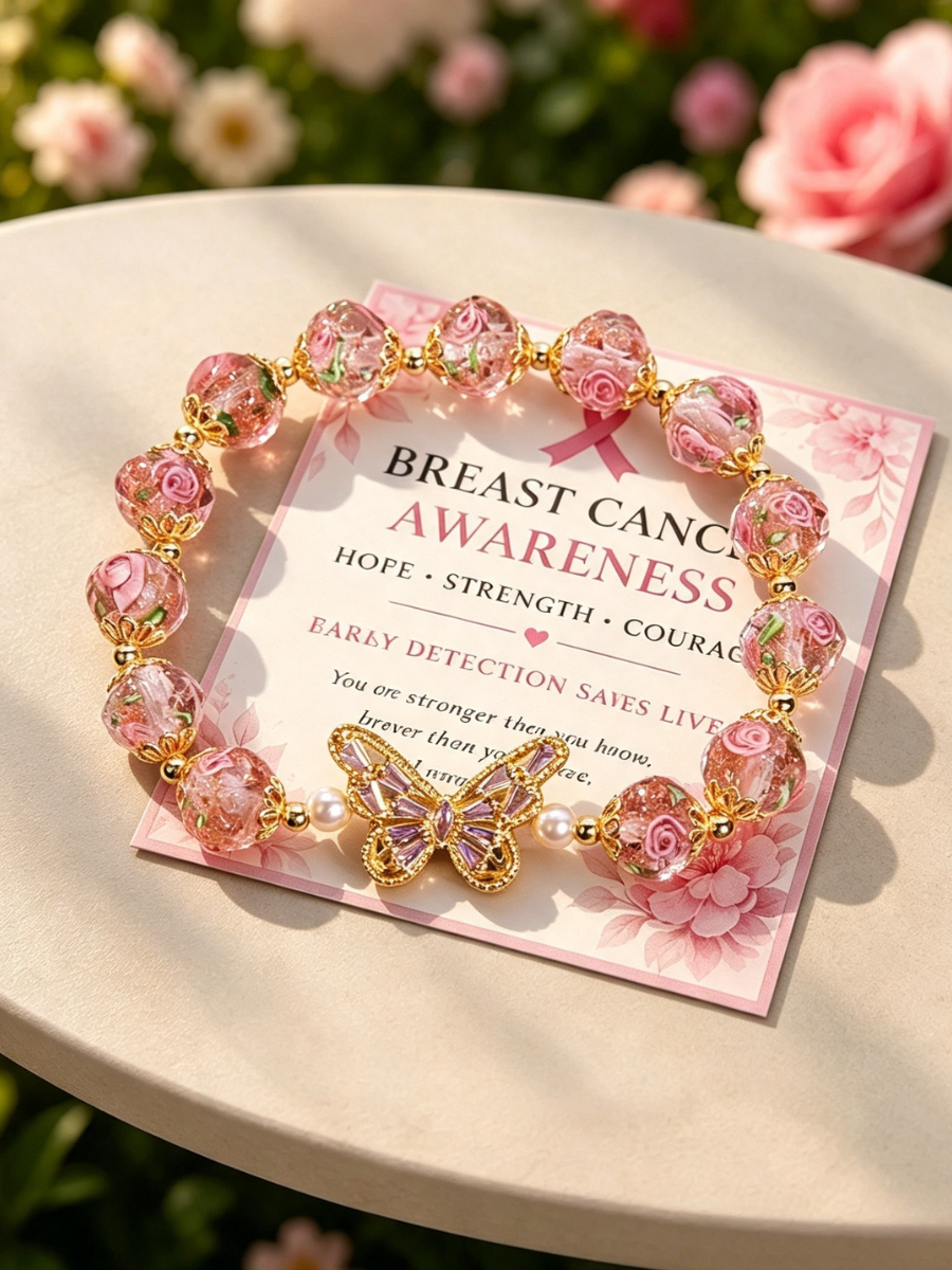 Pink October Breast Cancer Awareness Month Beaded Bracelet