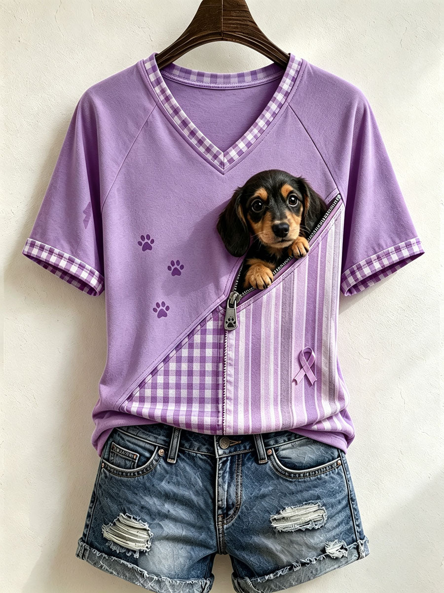 Cute Women'S Spliced T-Shirt Adorned With A Dachshund Pattern And Artwork