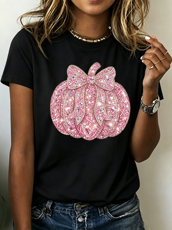Women's Breast Cancer Diamond Pumpkin Printed Casual T-Shirt