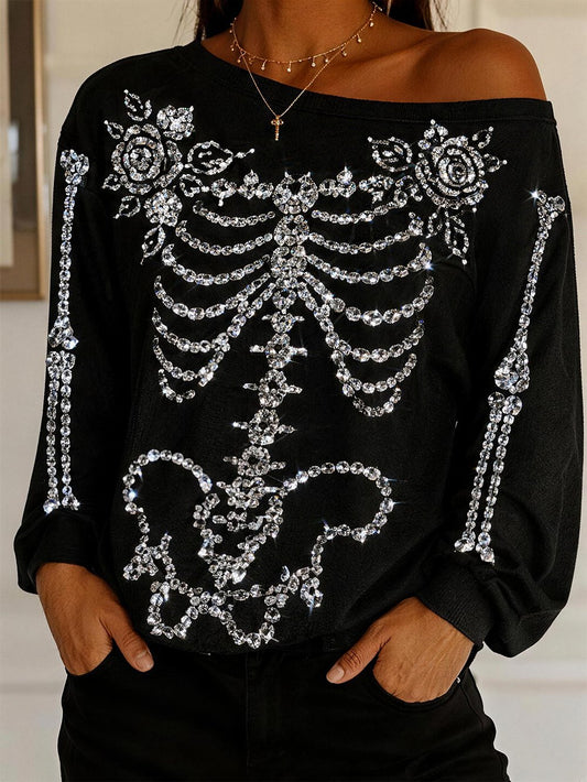 Women's Rhinestone Skull Print Cold-Shoulder Long-Sleeve T-Shirt