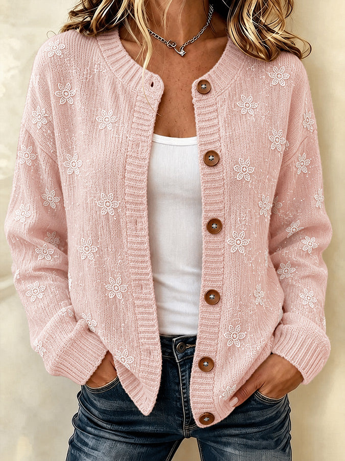 Ladies' Casual Floral Knitted Cardigan Top