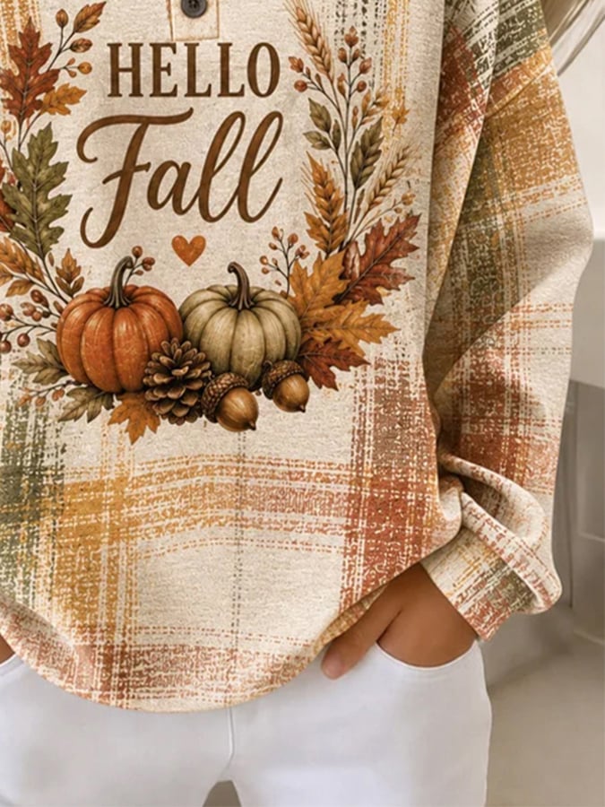 Women's Casual Printed Waffle-Knit Henley Sweatshirt