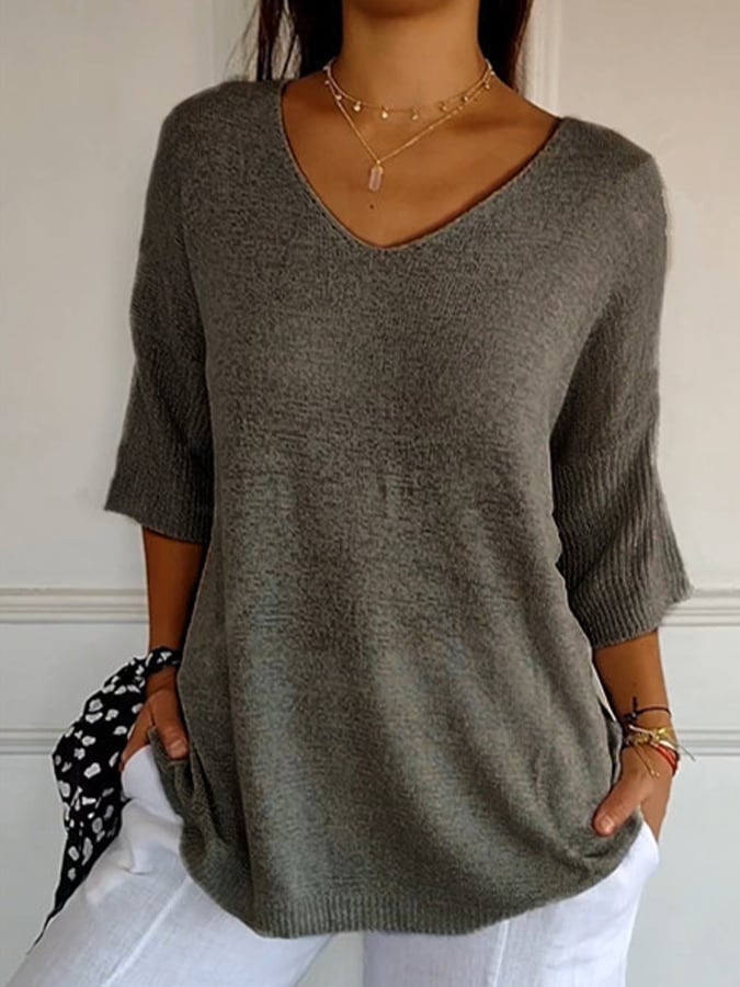 Women'S Casual V-Neck Three-Quarter Sleeve Solid Color Knit Sweater