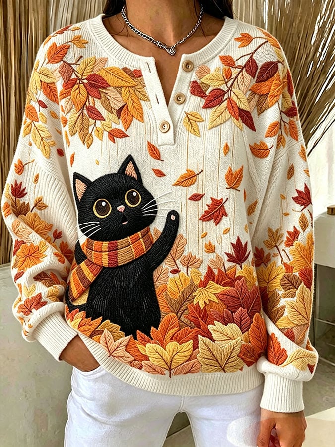 Women's Casual Print Button-Up Collar Knit Top