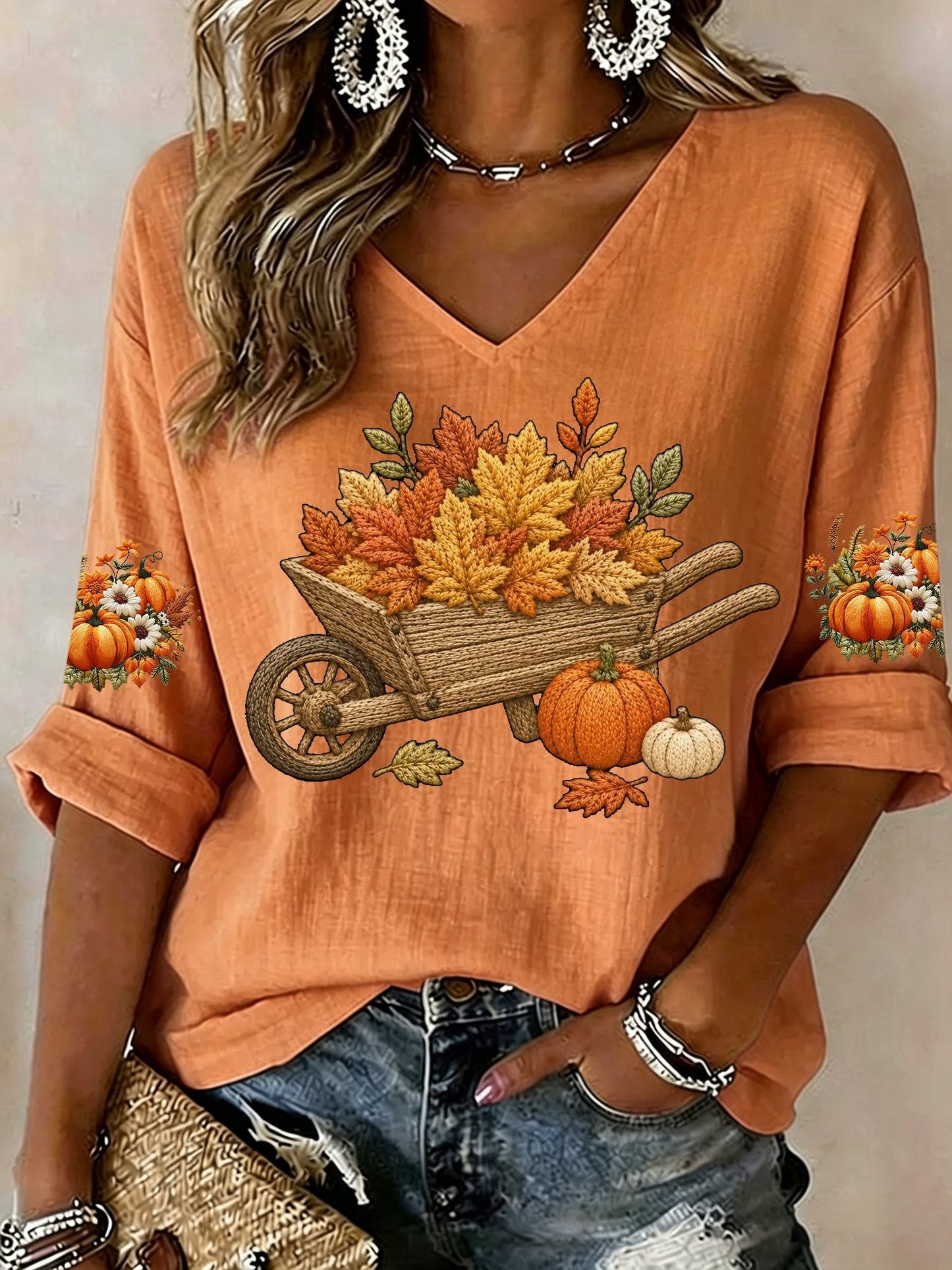 Women's Retro Maple Leaf Pumpkin Print Comfortable T-Shirt