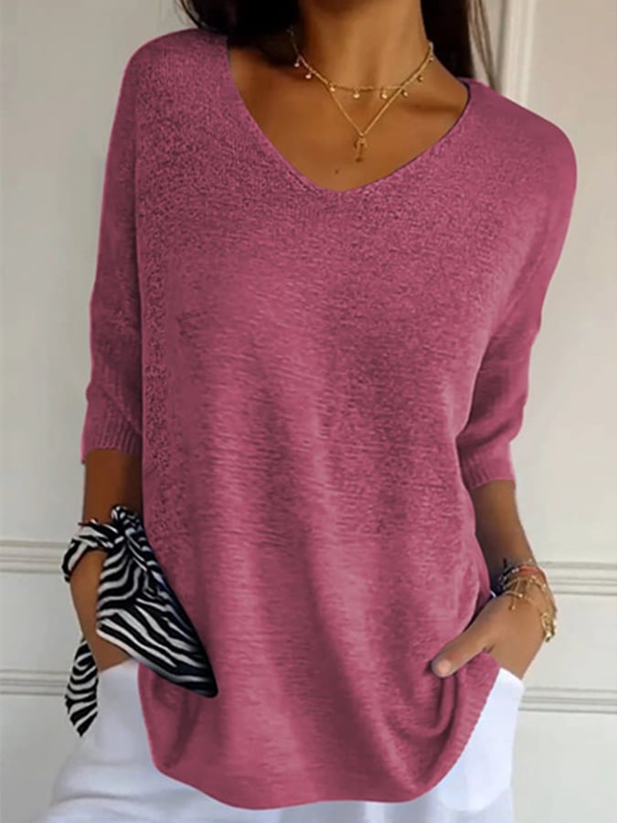 Women'S Casual V-Neck Three-Quarter Sleeve Solid Color Knit Sweater