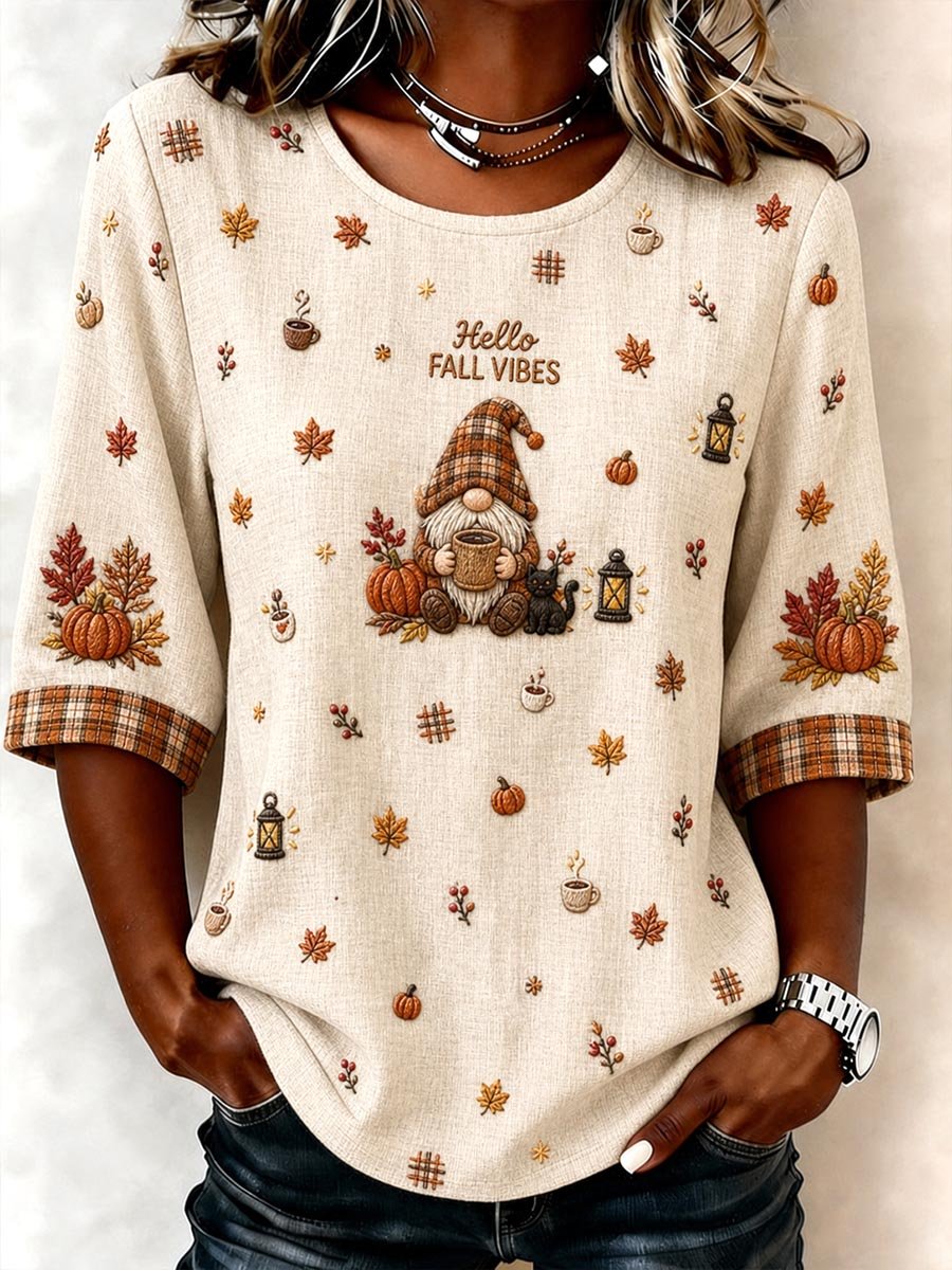 Women's Maple Leaf Dwarf Black Cat Autumn Theme Round Neck Top