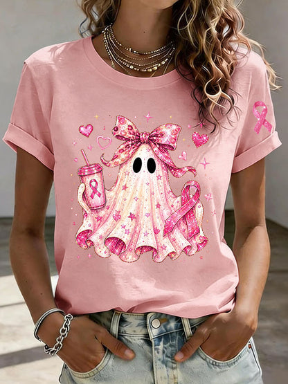 Women'S Breast Cancer Awareness And Ghost Witch Halloween Support Printed T-Shirt