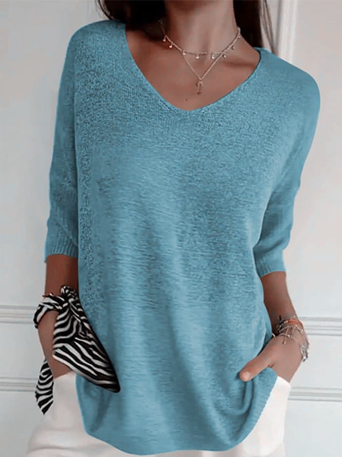 Women'S Casual V-Neck Three-Quarter Sleeve Solid Color Knit Sweater