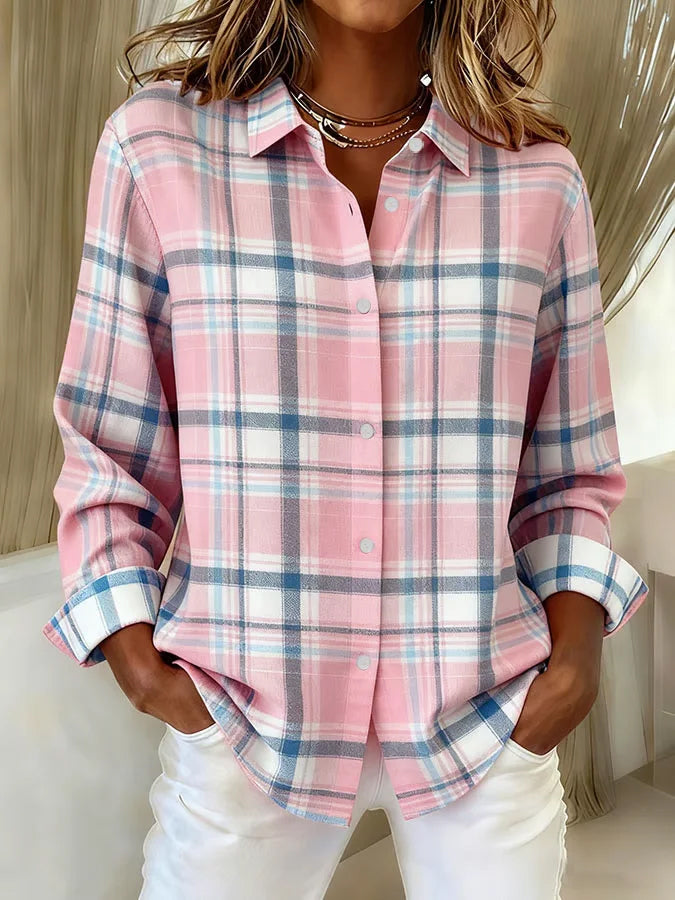 Women's Pink Plaid Print Lapel Long Sleeve Shirt