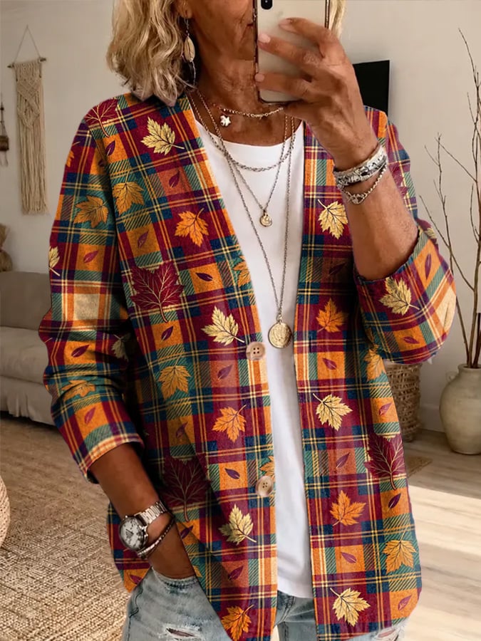 Women's Autumn/Winter fallen-leaf plaid print Cardigan