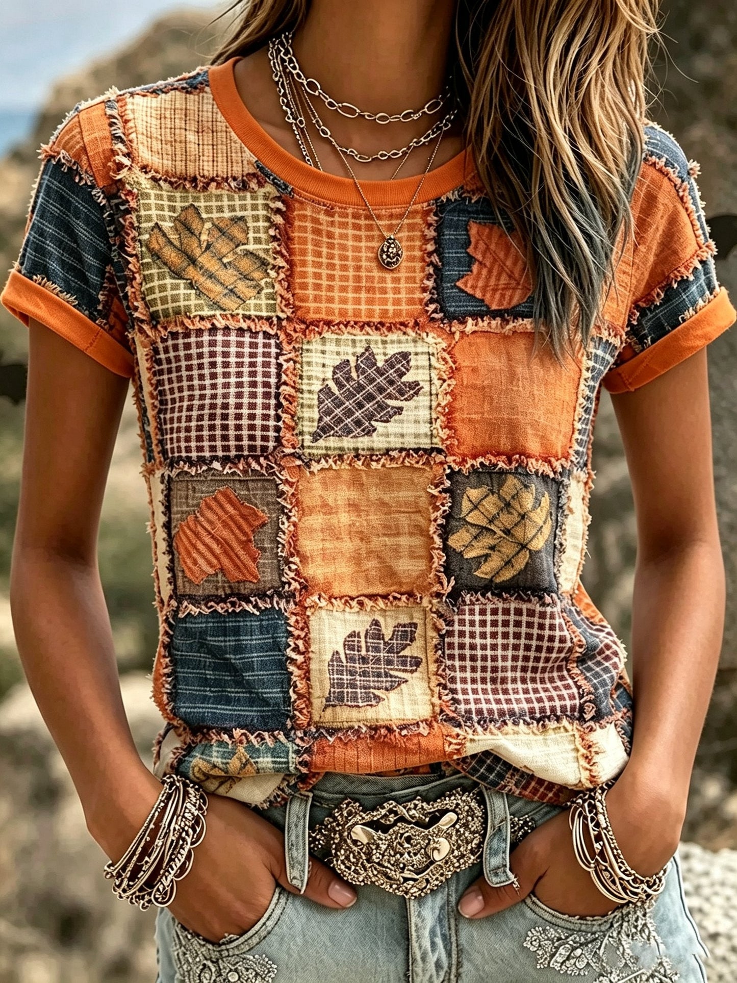 Women's Fall Patchwork Pumpkin Print Crew Neck T-Shirt