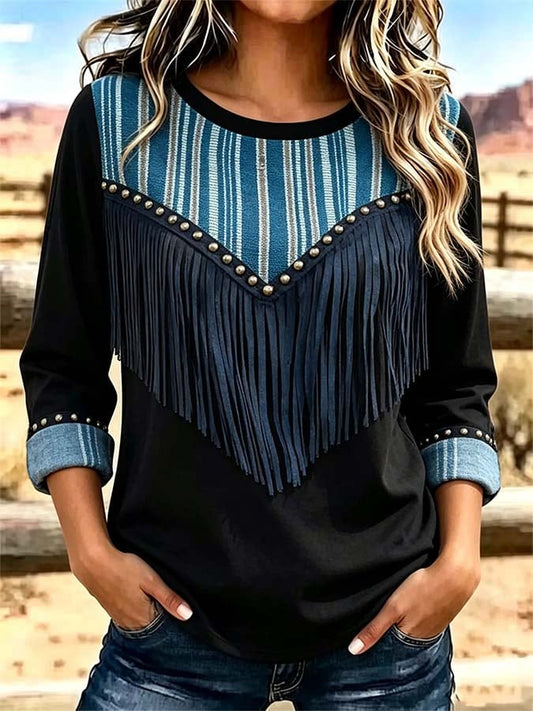 Women'S Casual Printed Top With Tassel And Panel Details