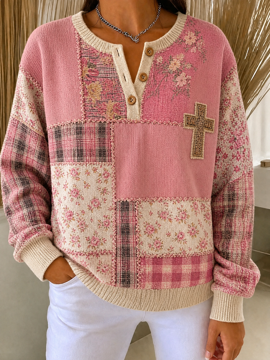 Women's Pink Floral Printed Button Knitted Top