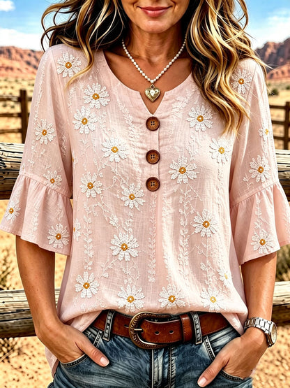 Ladies' Western Style Cotton And Linen Casual Top