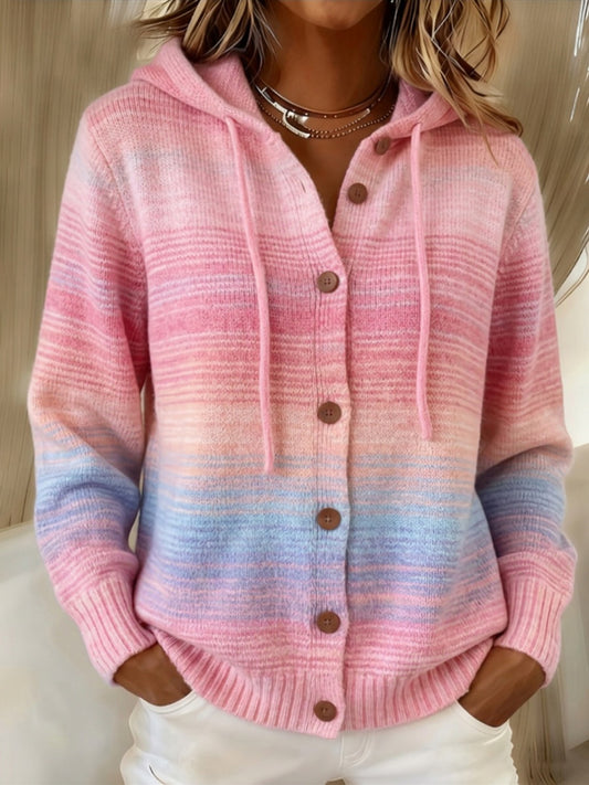 Women's Pink Gradient Pattern Hooded Knit Sweatshirt