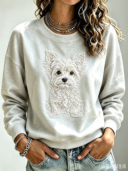 Women'S Embroidered Casual Printed Hoodie With Puppy Embroidery