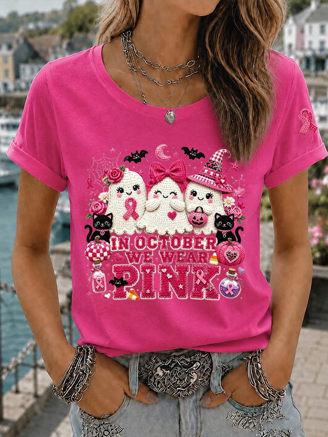 Women'S Retro In October We Wear Pink Printed T-Shirt