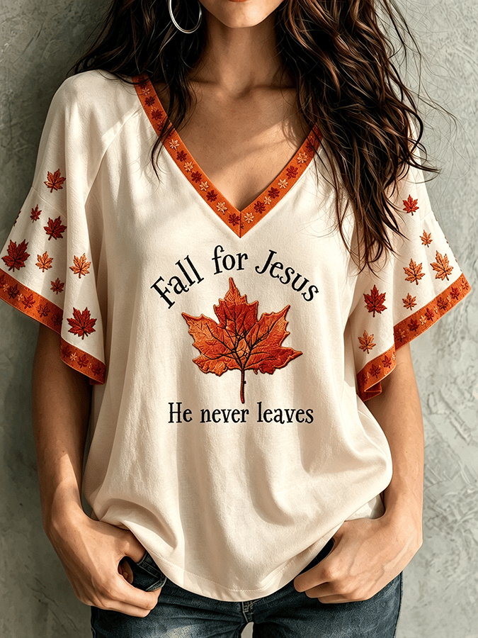 Women's "Fall For Jesus He Never Leaves" T-Shirt