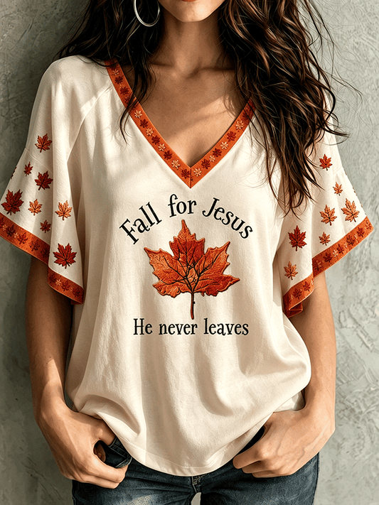 Women's "Fall For Jesus He Never Leaves" T-Shirt