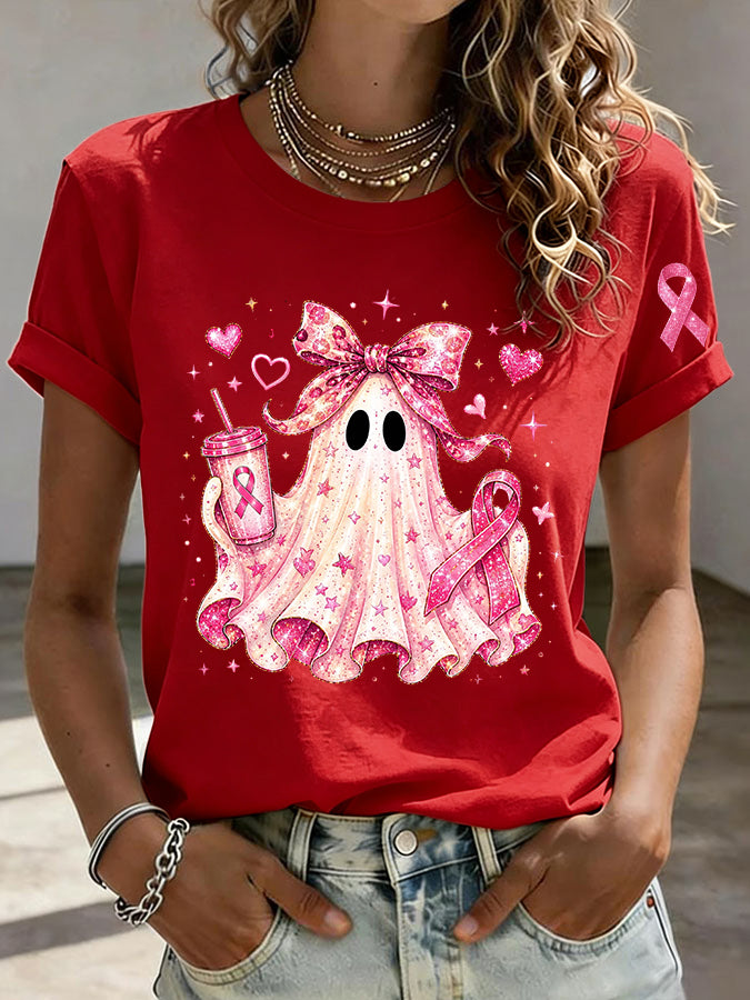 Women'S Breast Cancer Awareness And Ghost Witch Halloween Support Printed T-Shirt