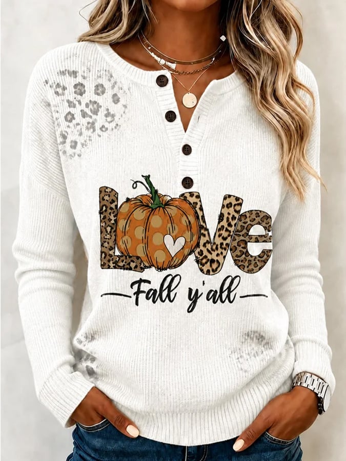 Women's Casual Printed Loose-Fit Henley Shirt