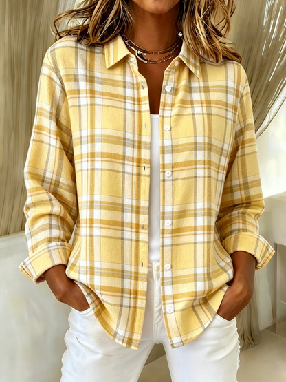Women's Pink Plaid Print Lapel Long Sleeve Shirt