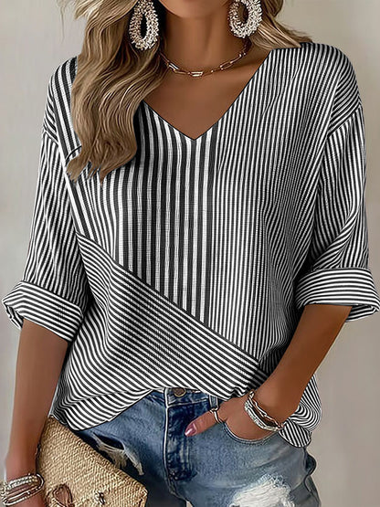 Women'S Casual Breast Cancer Awareness Print Pink Stripe Art V-Neck T-Shirt