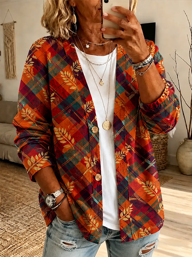 Women's Autumn Plaid Cardigan with Fallen Leaf Print
