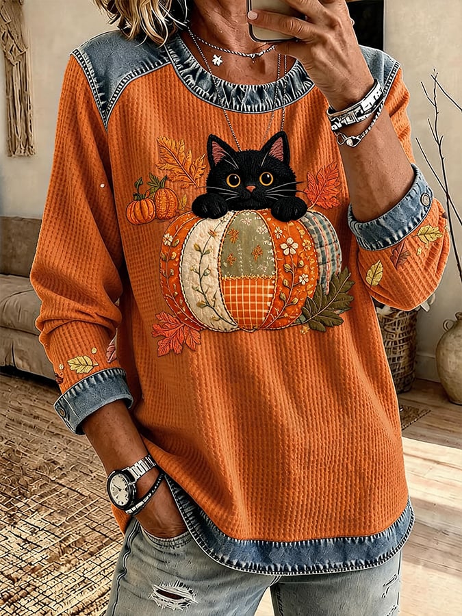 Women's Casual Crew-Neck Printed Panel Sweatshirt