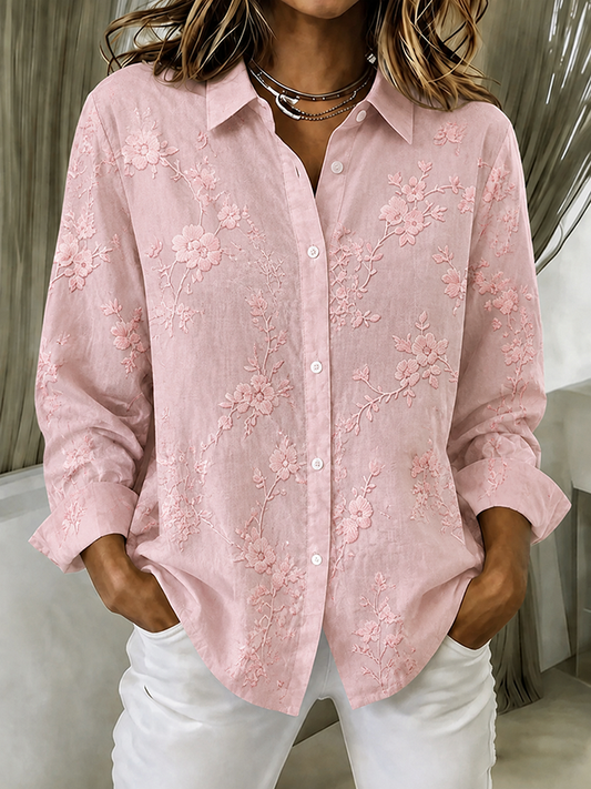 Women'S Pink Plant Flower Long Sleeve Shirt