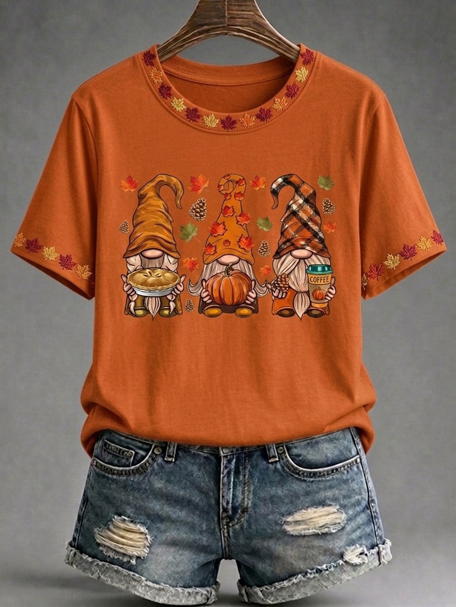 Women's Autumn Holiday Elf Print Short-Sleeve T-Shirt