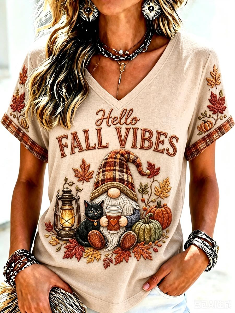 Women's Autumn Maple Pumpkin Dwarf Pattern Plaid Casual T-Shirt