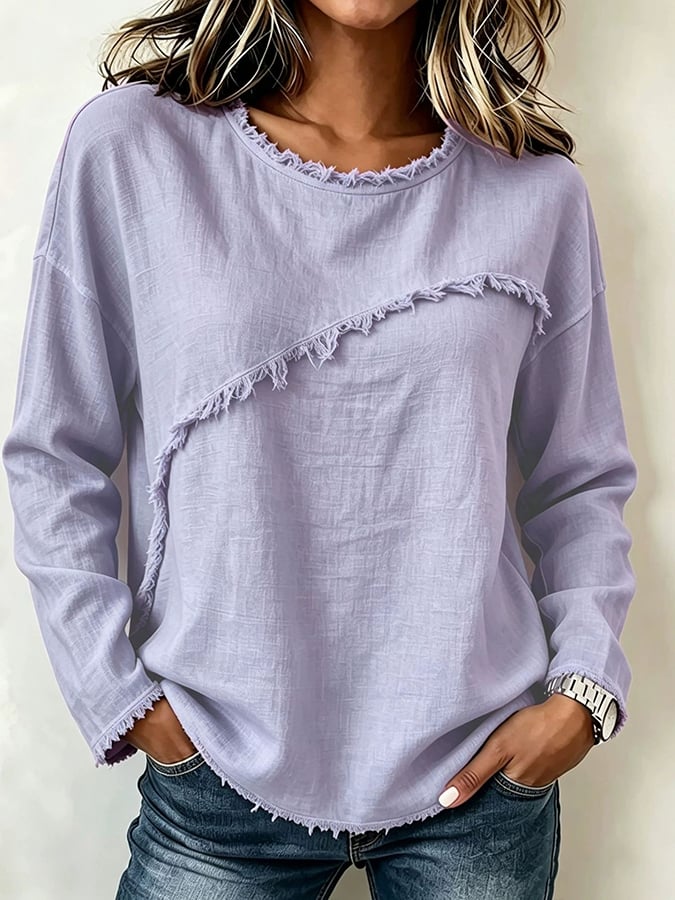 Women'S Round Neck Patchwork Lace Long Sleeve Casual Top